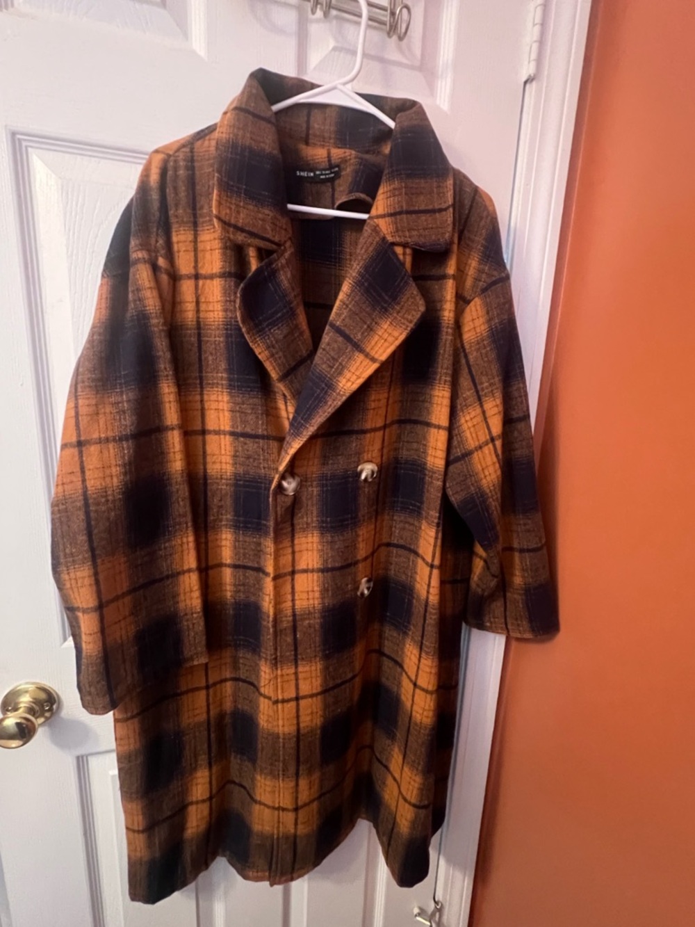 SHEIN Orange and Black Plaid Double-Breasted Coat